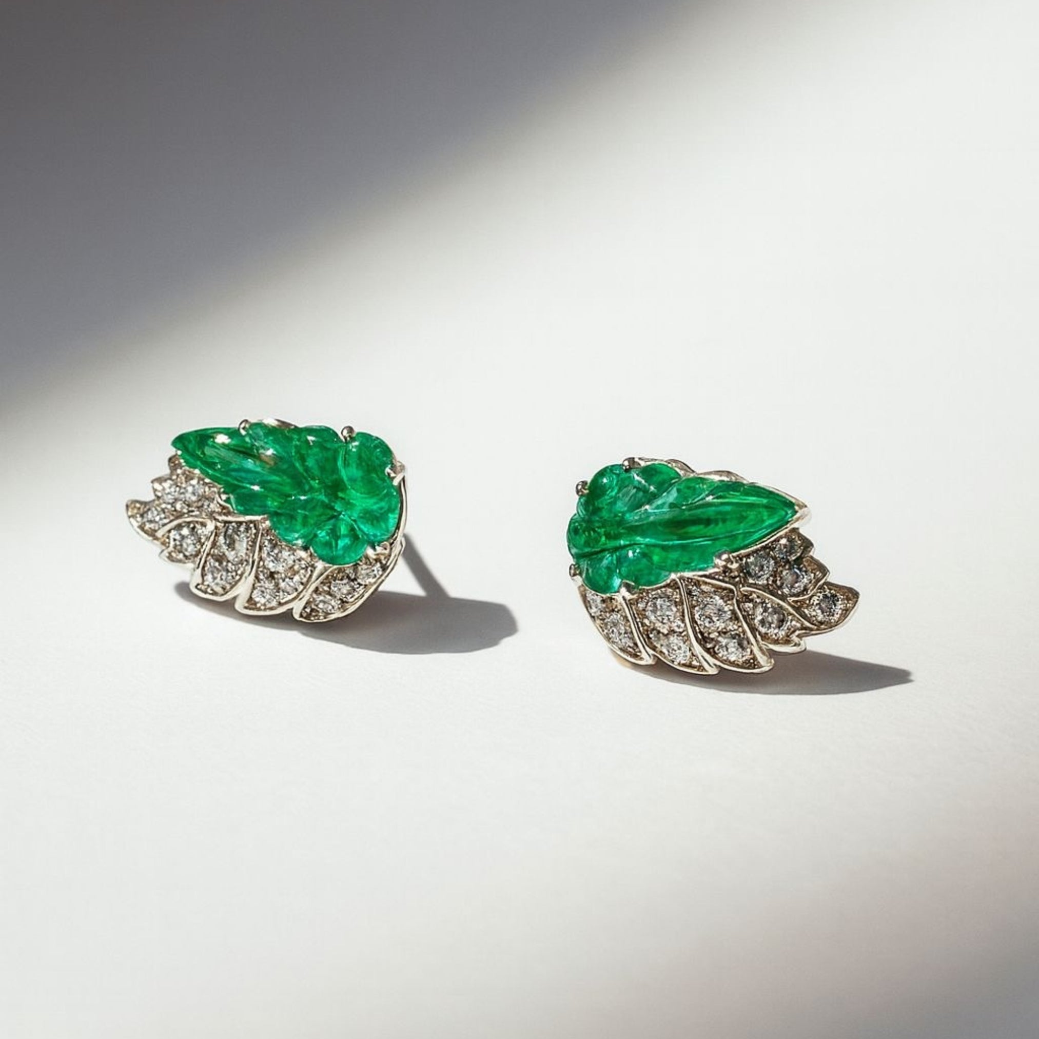Emerald Carving Leaves Tops worn – fine jewellery earrings by Shruti Sushma