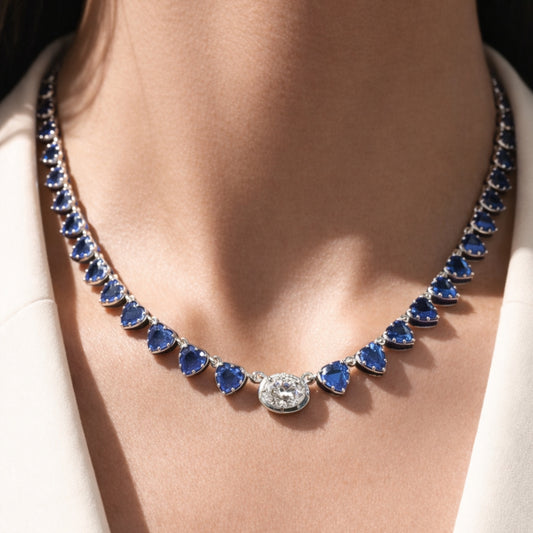 BLUE SAPPHIRE HEART WITH OVAL SOLITAIRE GEORGIAN SET NECKLACE