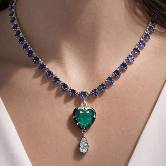 BLUE SAPPHIRE & EMERALD WITH MODIFIED PEAR SHAPE GEORGIAN SET NECKLACE
