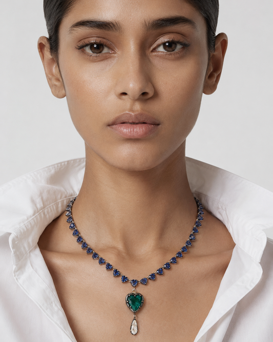BLUE SAPPHIRE & EMERALD WITH MODIFIED PEAR SHAPE GEORGIAN SET NECKLACE
