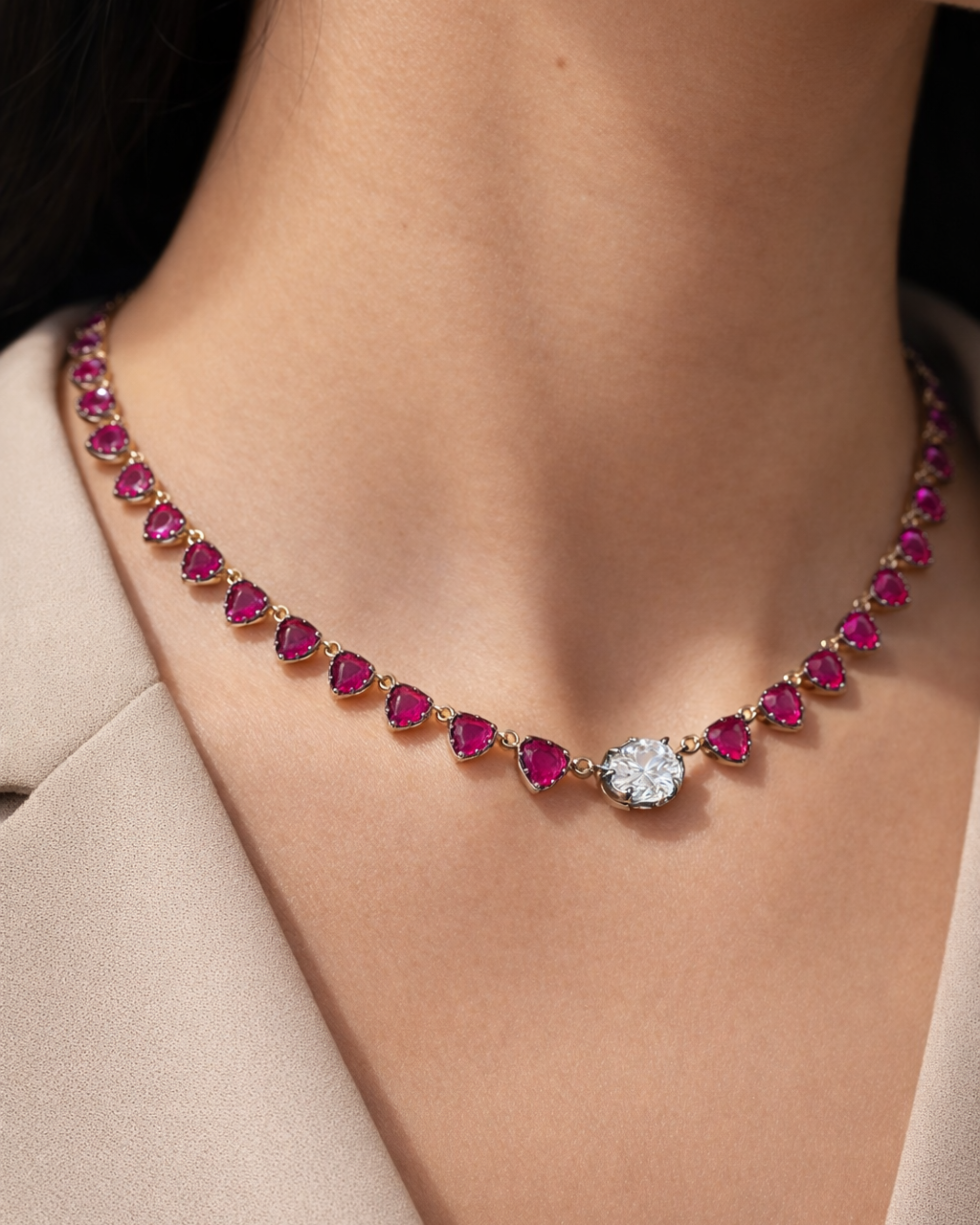 RUBY HEART WITH OVAL SOLITAIRE GEORGIAN SET NECKLACE