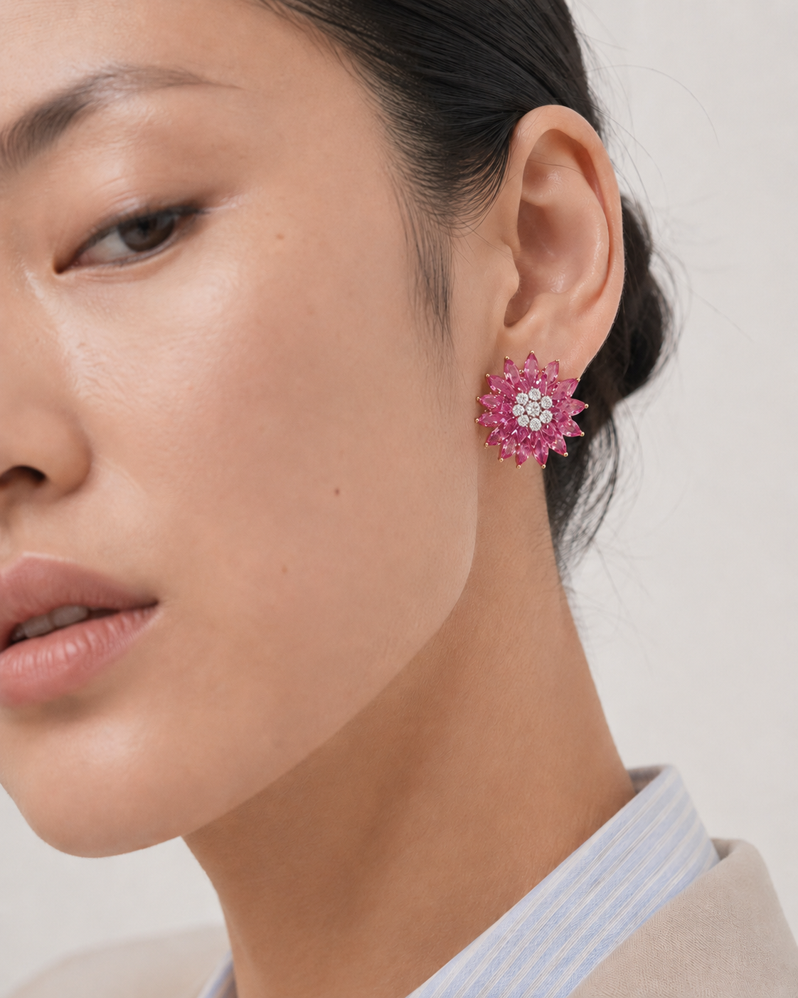 Pink Sapphire Waterlily Earrings detail – natural sapphire drops in 18k white gold – Shruti Sushma