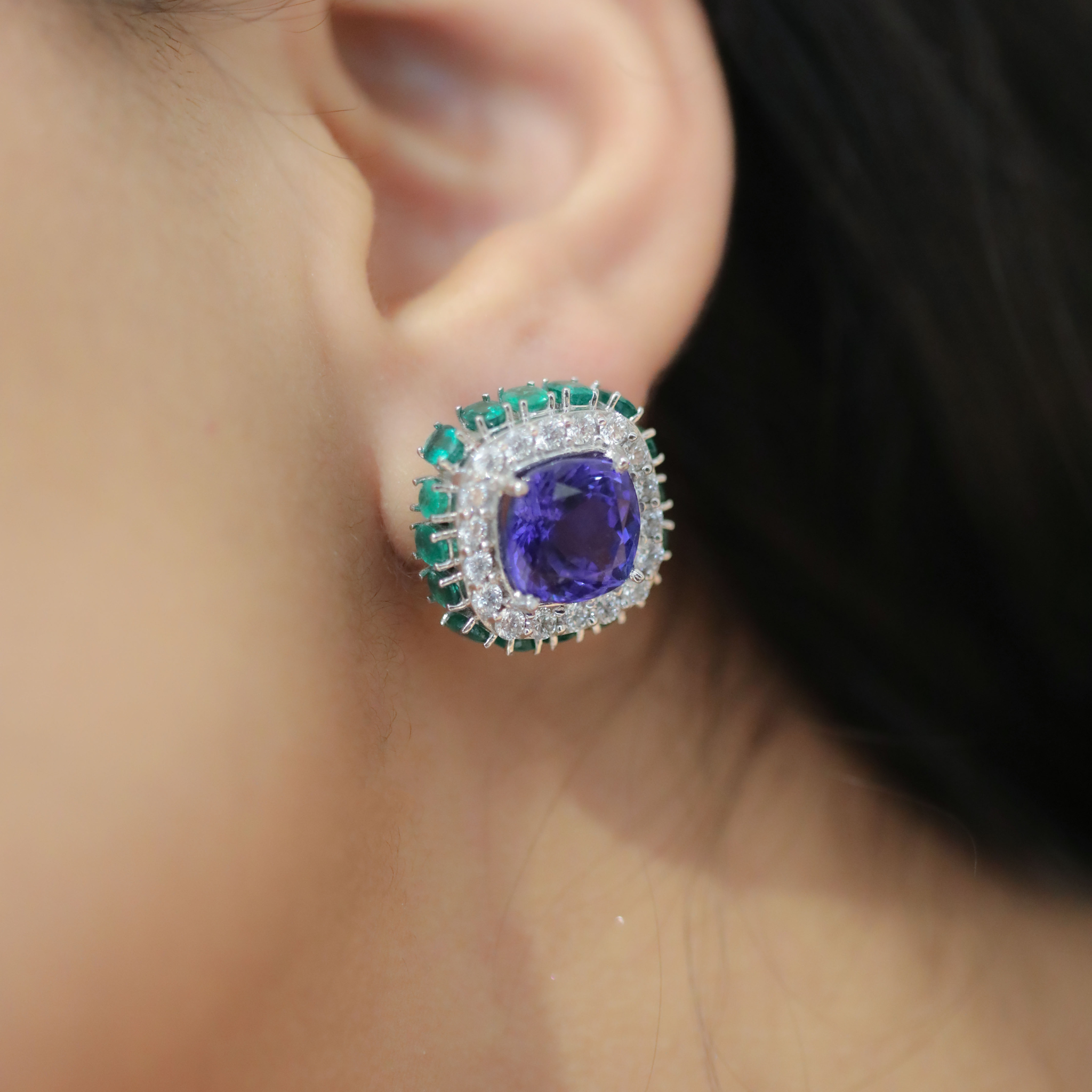 TANZANITE EMERALD AND DIAMOND EARRINGS