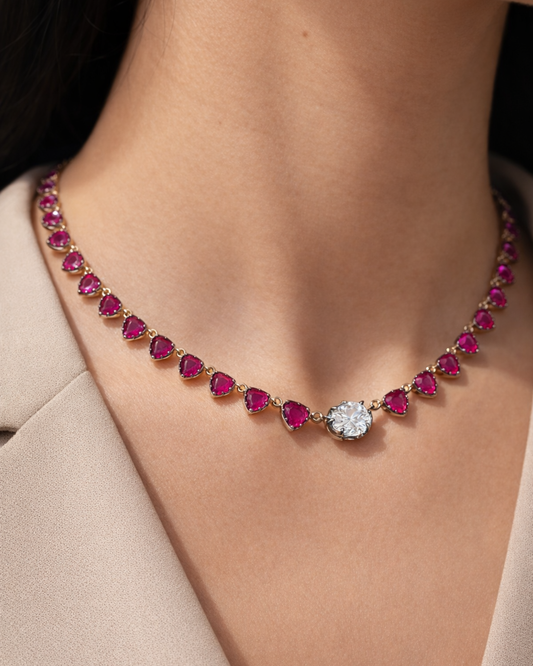 RUBY HEART WITH OVAL SOLITAIRE GEORGIAN SET NECKLACE