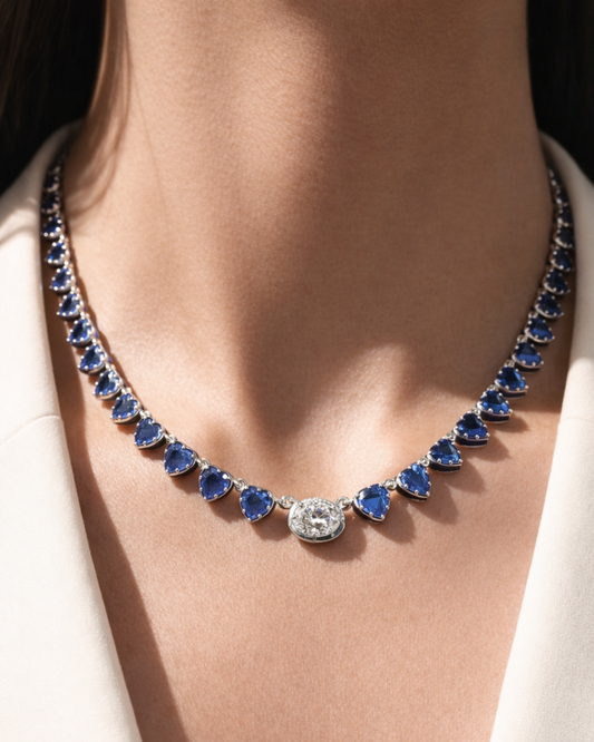 BLUE SAPPHIRE HEART WITH OVAL SOLITAIRE GEORGIAN SET NECKLACE
