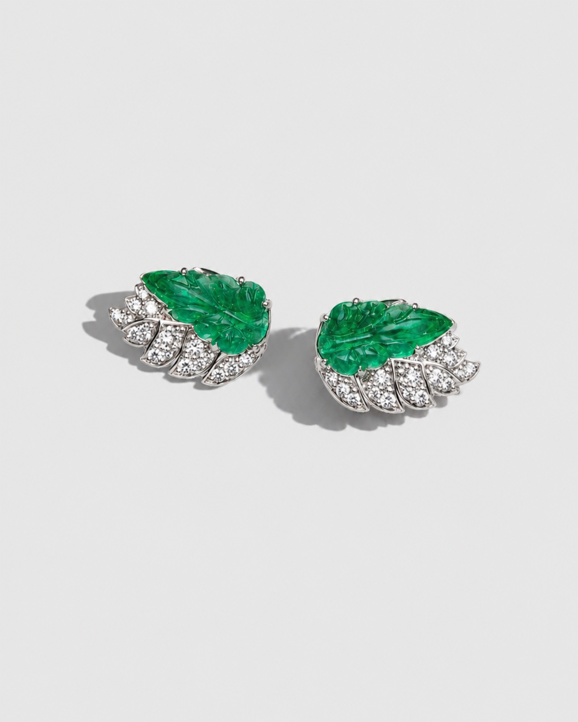 Emerald Carving Leaves Tops – 4.8ct natural emerald with diamonds in 18k white gold – Shruti Sushma