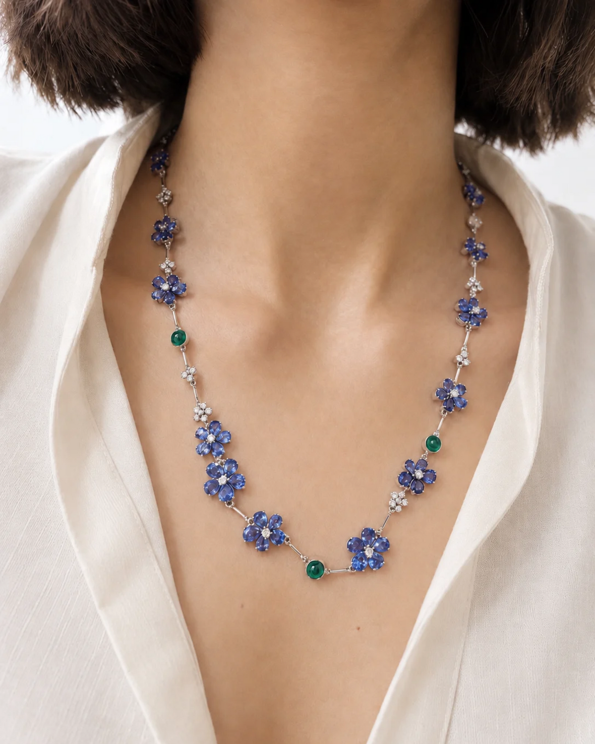 BLUE SAPPHIRE, EMERALD AND DIAMOND BLOOM NECKLACE