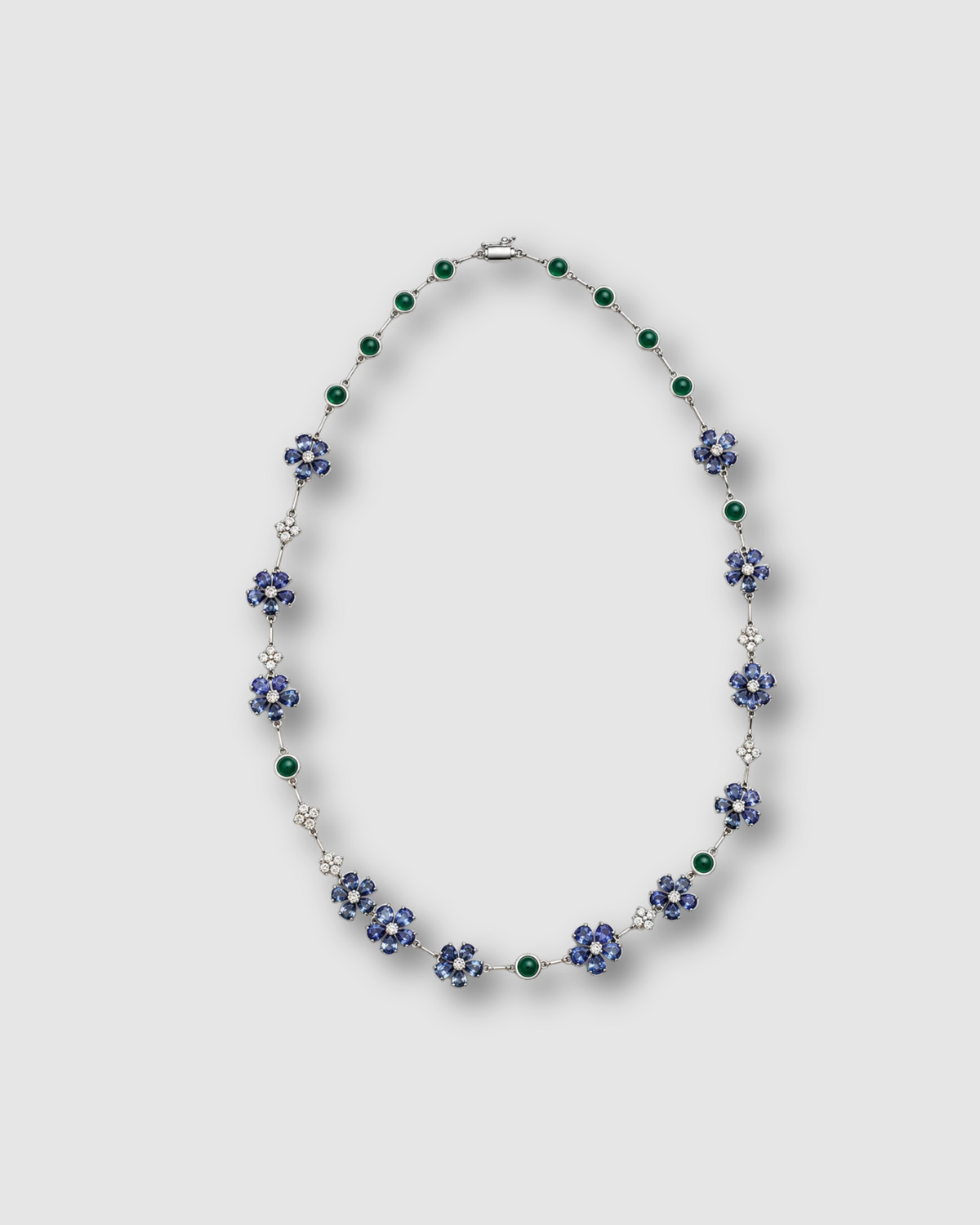 BLUE SAPPHIRE, EMERALD AND DIAMOND BLOOM NECKLACE